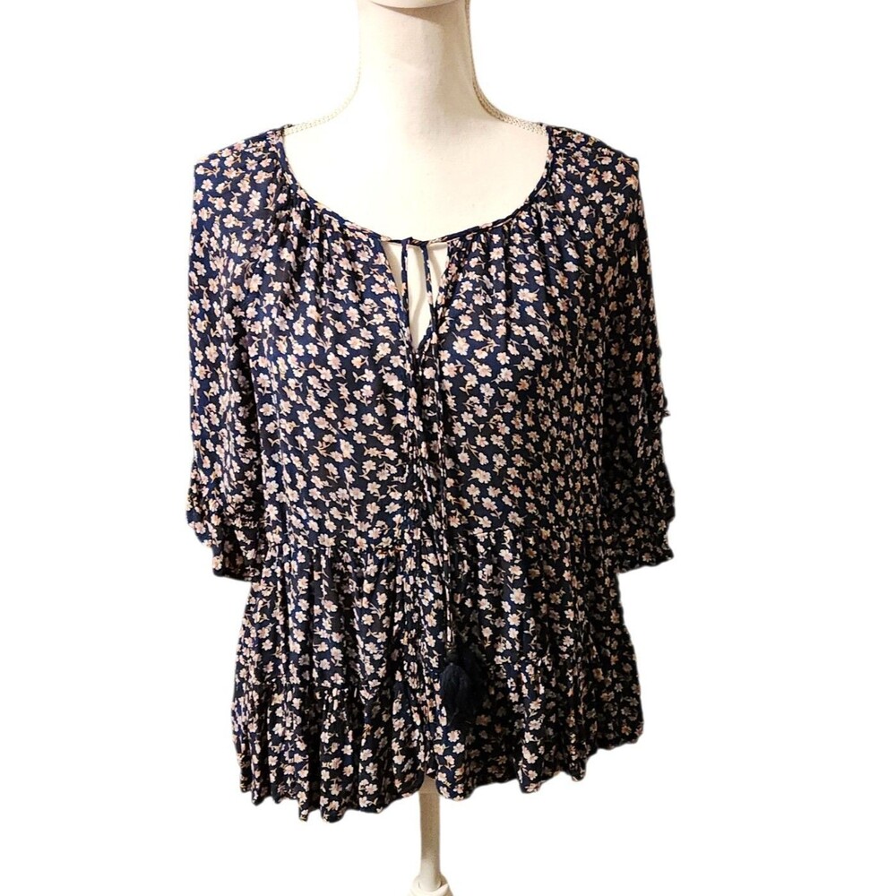 Rewind Blouse Tie Neck w/ Tassles Blue Floral Ruffle Hem Sleeves Womens Size XL